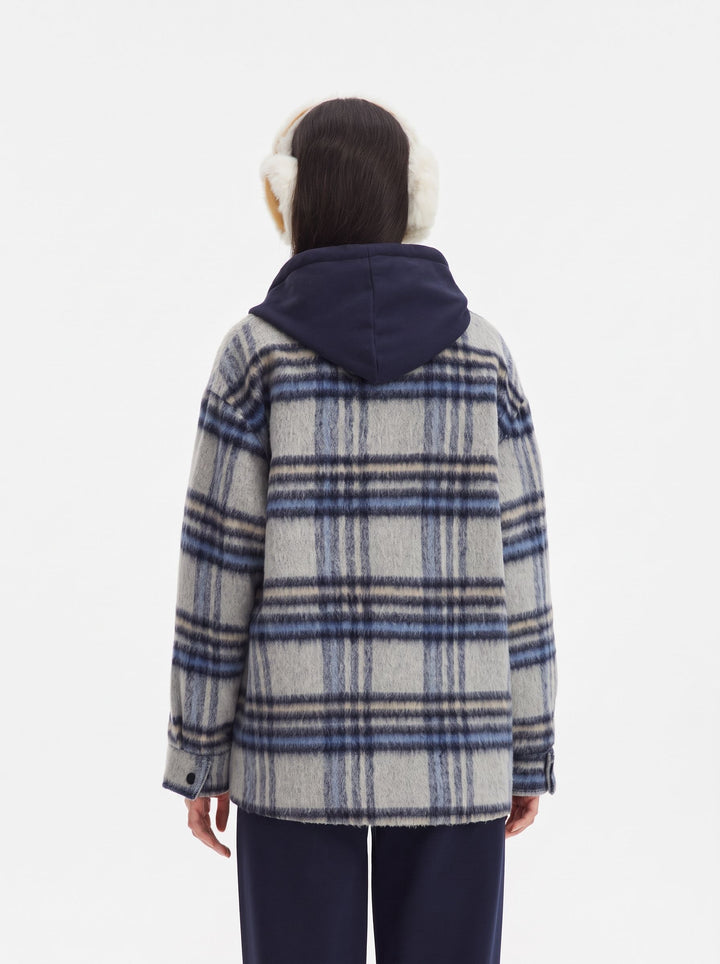 Hooded Plaid Brushed Wool Coat