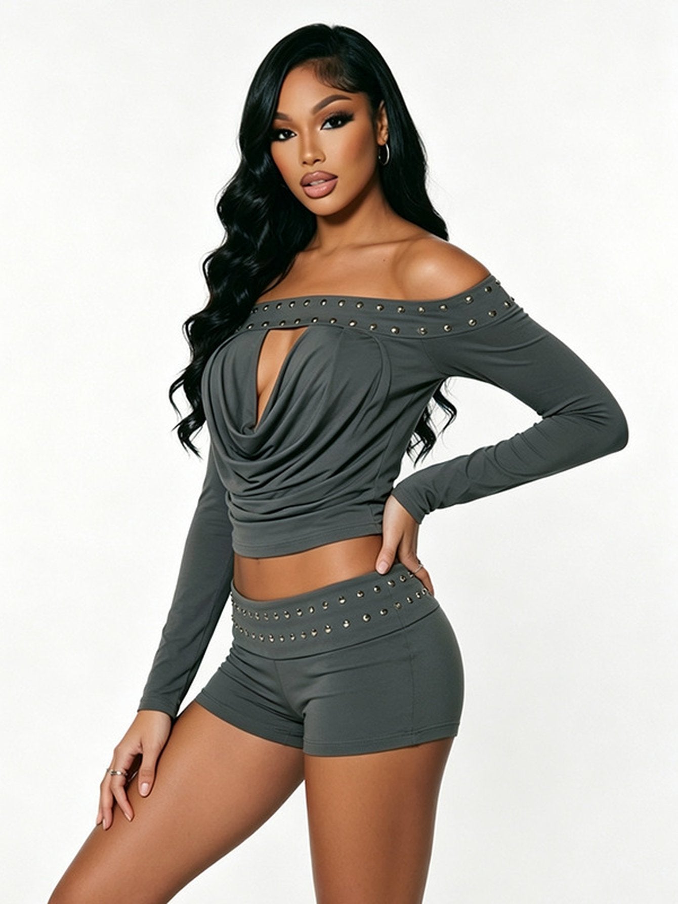 Studded Off Shoulder Shorts Set