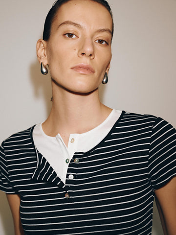 Henley Neck Contrast Striped Skinny-Fit T-Shirts