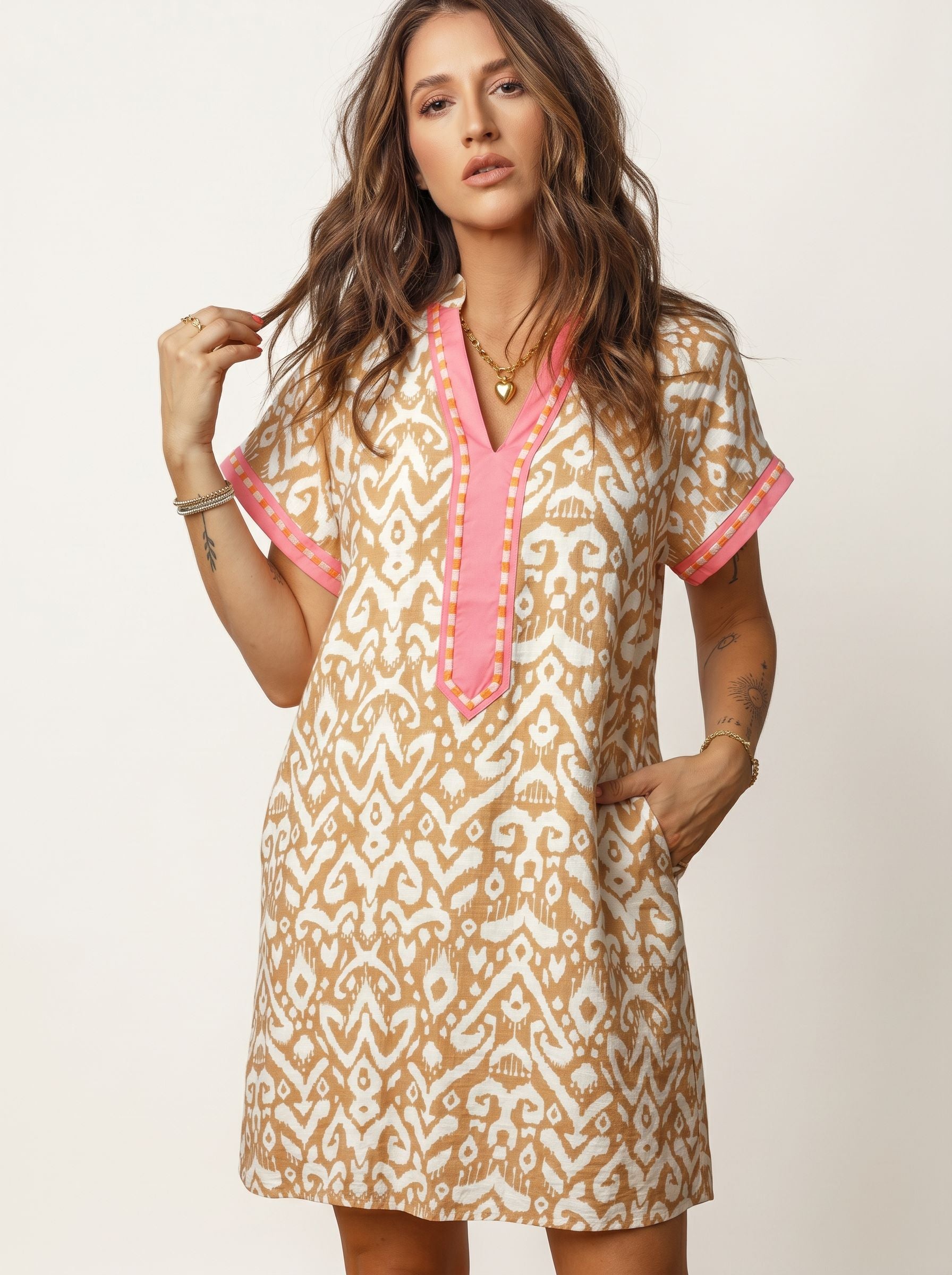 Short Sleeve Ikat Print Mini Dress