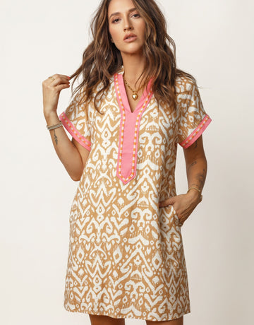 Short Sleeve Ikat Print Mini Dress