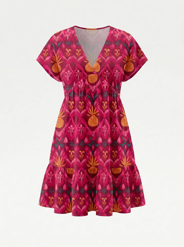 Floral Print V Neck Tiered Babydoll Mini Dress