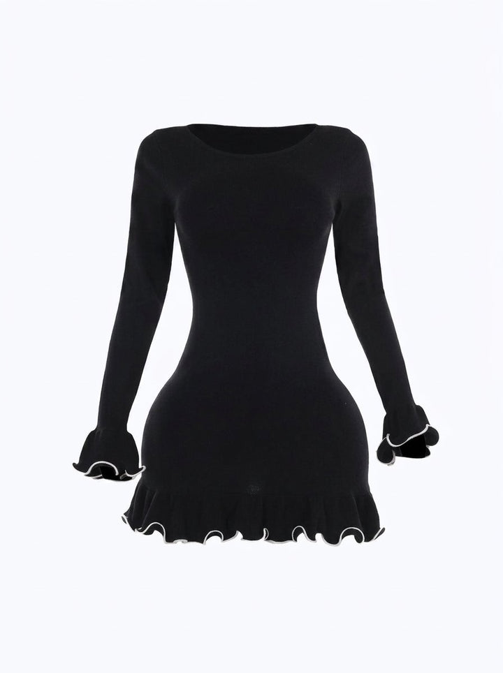 Ribbed Ruffle Trim Mini Dress