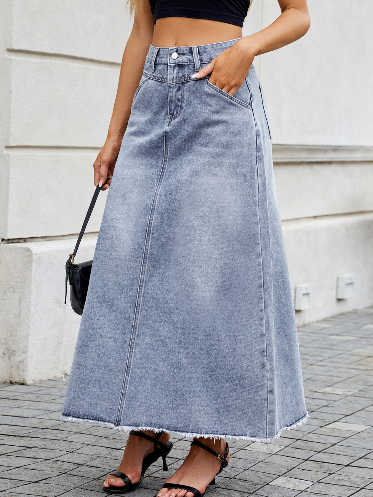 High Waisted Raw Hem Denim Skirt