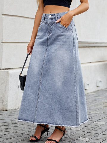 High Waisted Raw Hem Denim Skirt
