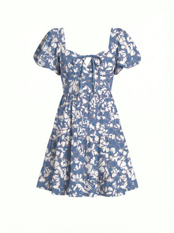 Floral Print Puff Sleeve Tiered Mini Dress