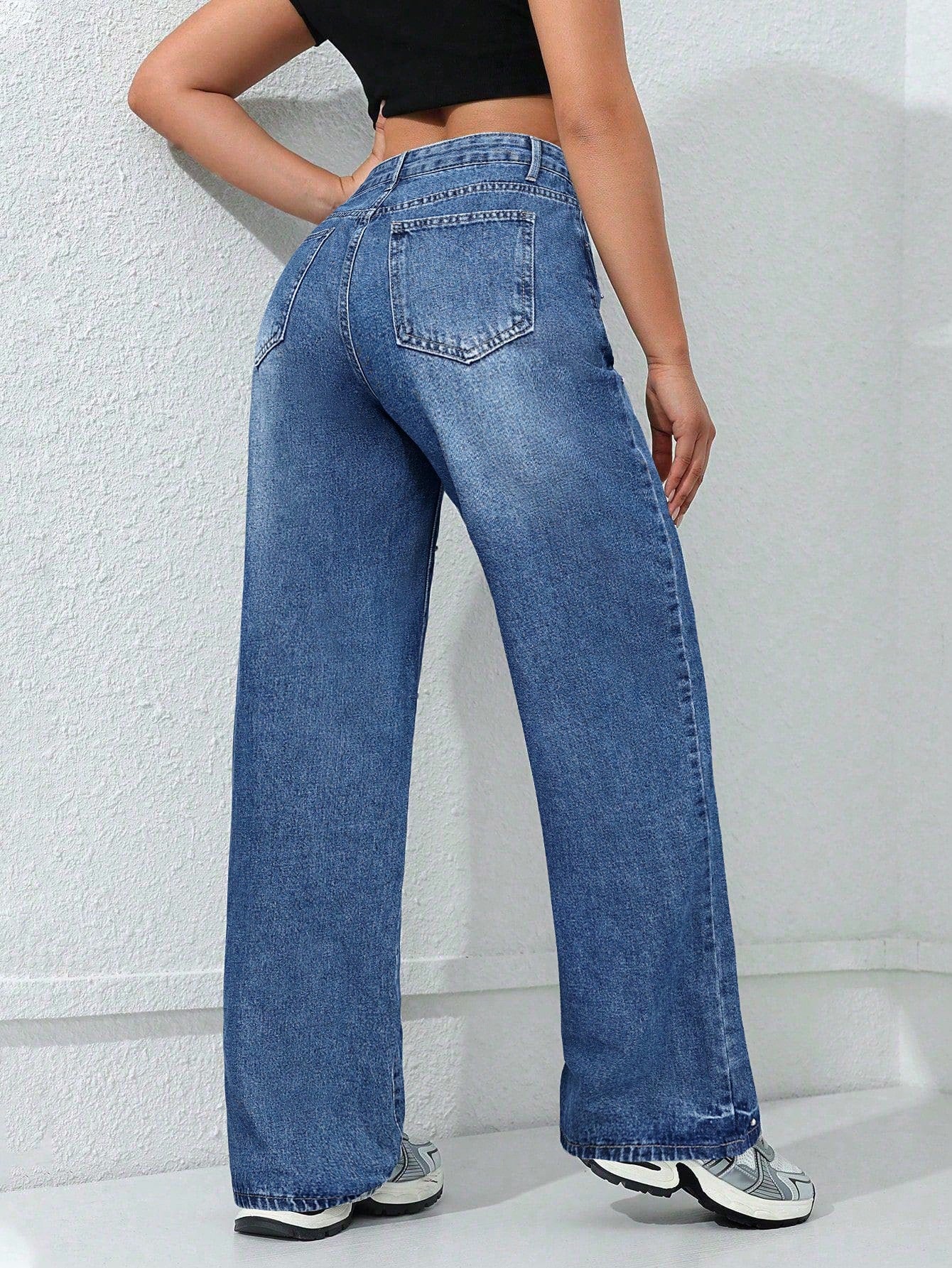 Rhinestone Embellished High Waisted Wide Leg Jeans