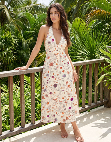 AURELIA Floral Print Halter Neck Tie Back Midi Dress