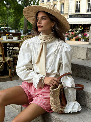 Lace Trim Puff Sleeve Button Shirt