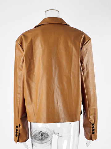 Oversized Brown Faux Leather Blazer Jacket