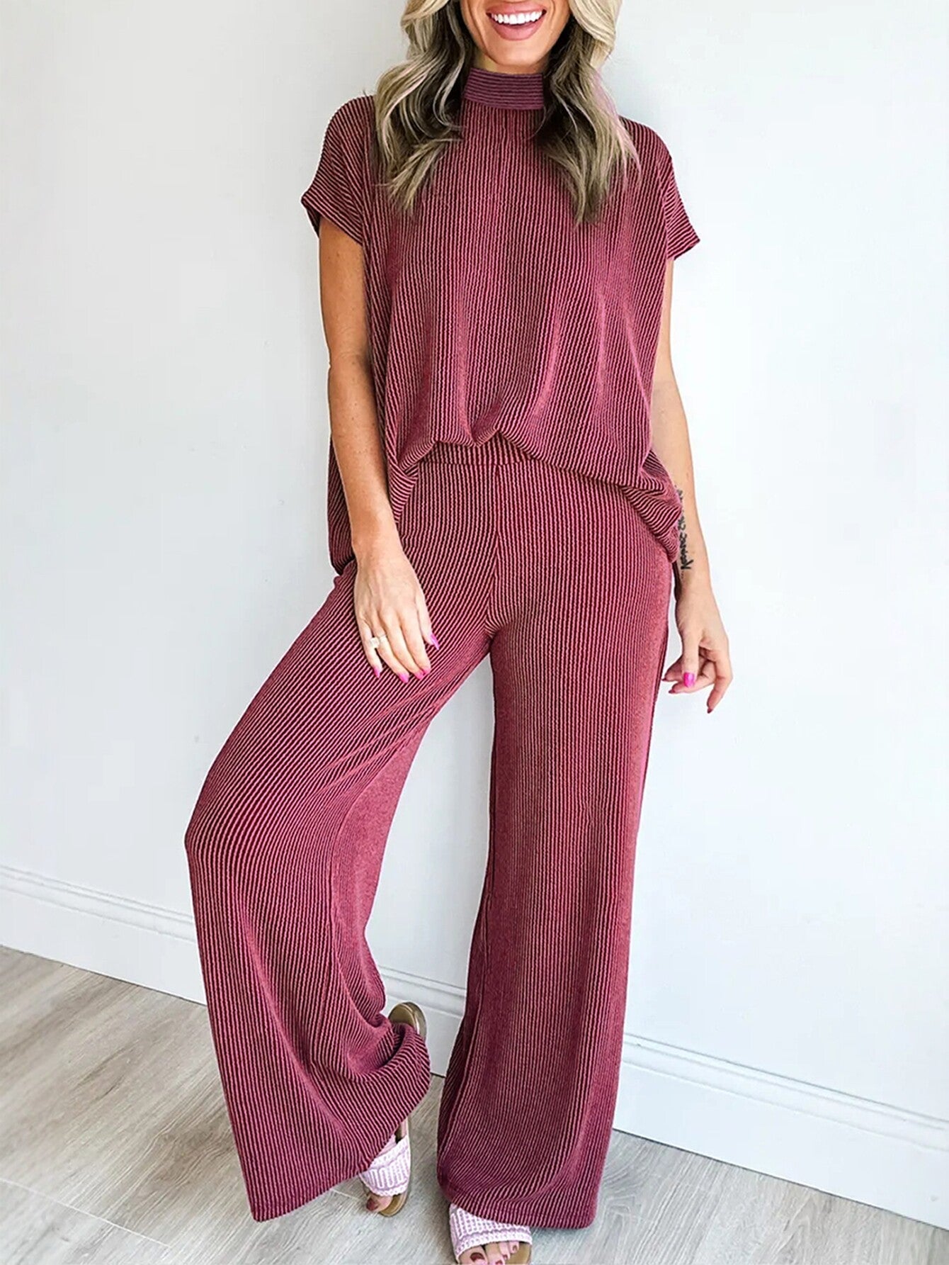 Striped High Neck Wide Leg Pants Set