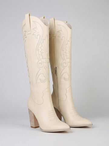 Embroidered Pointed-Toe Block-Heel Elegant Cowboy Boots