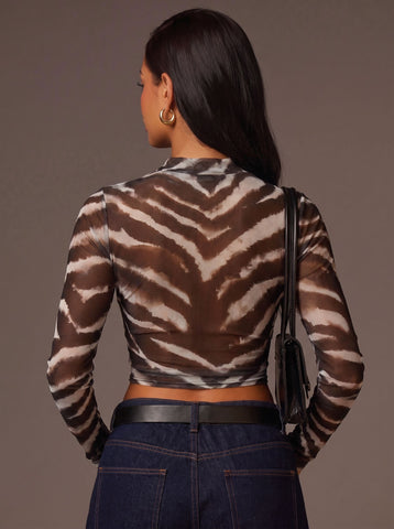 Sheer Zebra Print Mock Neck Tee