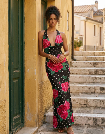 LILA Floral Print Cowl Neck Bodycon Maxi Dress