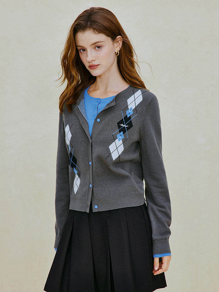 Cozy Argyle Pattern Knit Cardigan
