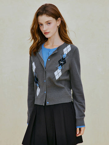 Cozy Argyle Pattern Knit Cardigan