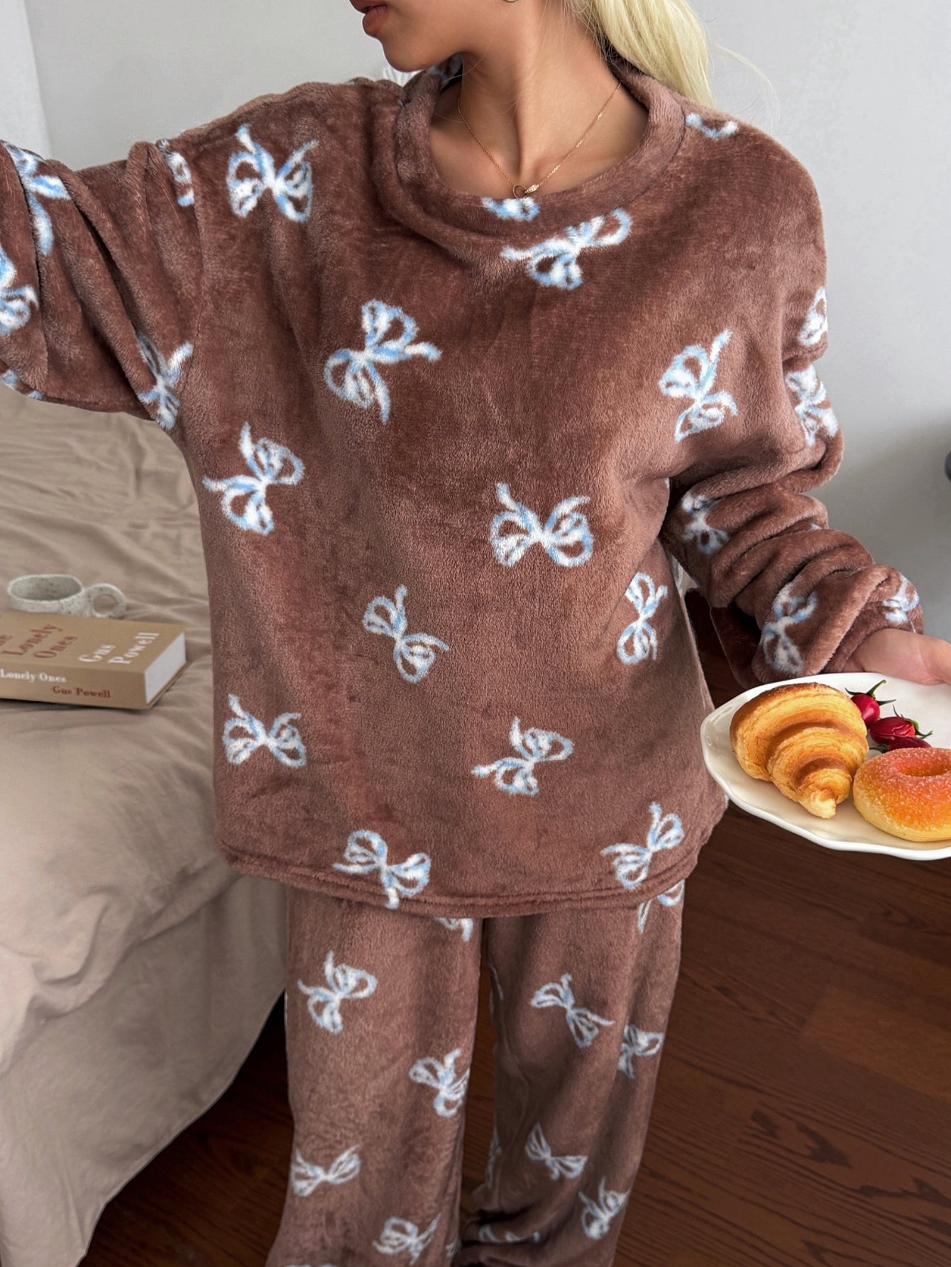 Cozy Plush Bow Print Pajama Set