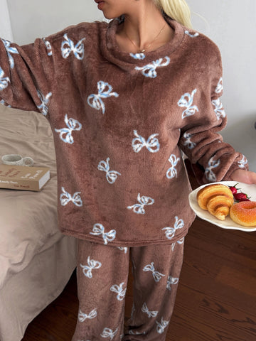 Cozy Plush Bow Print Pajama Set
