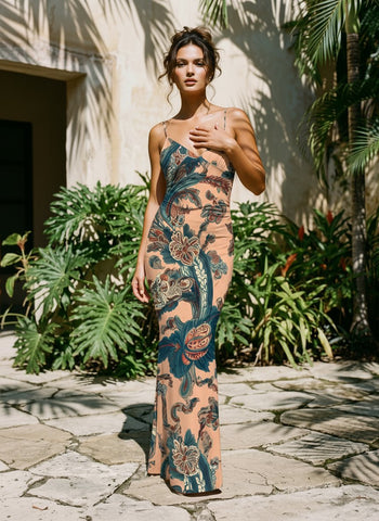 KIRA Floral Print Spaghetti Strap Bodycon Maxi Dress