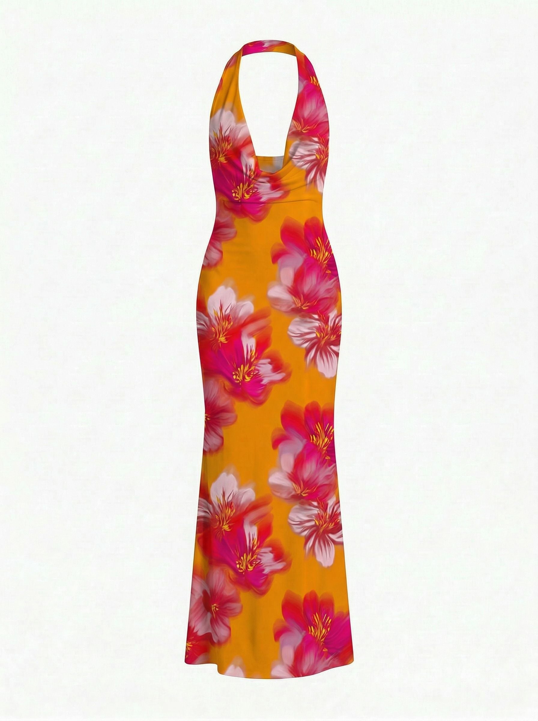 Floral Print Cowl Neck Bodycon Maxi Dress