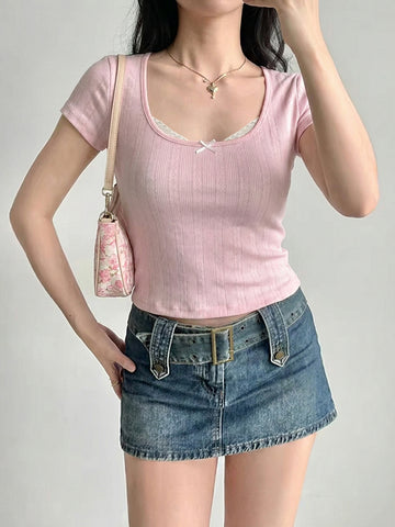 Ribbed Bow Detail Crop T Shirt