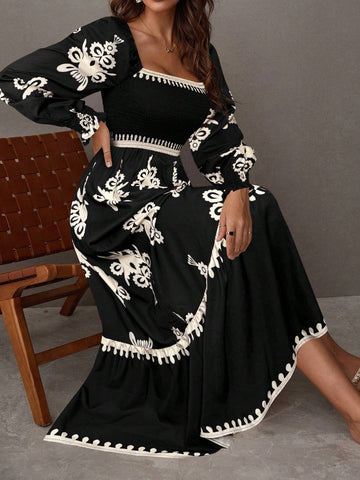 Embroidered Smocked Square Neck Maxi Dress