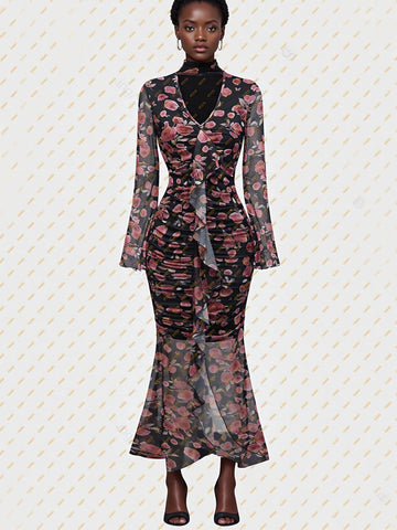 Floral Ruffle Ruched Mermaid Dress