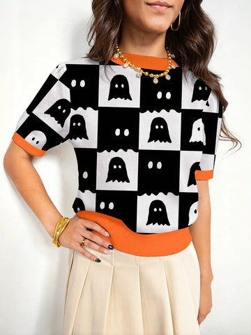 Ghost Print Checkerboard Short Sleeve Sweater