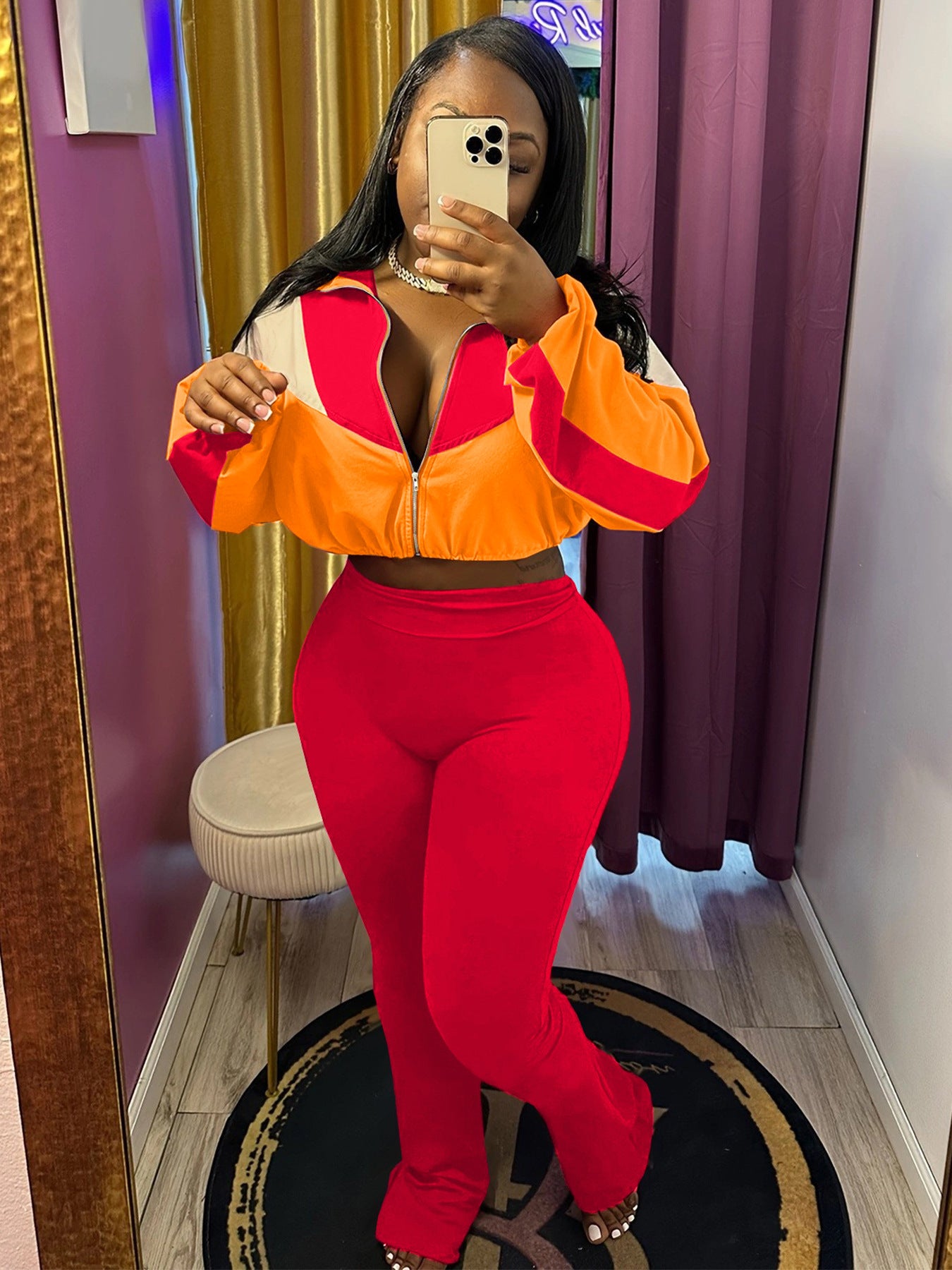 Colorblock Zipper Casual Pant Set