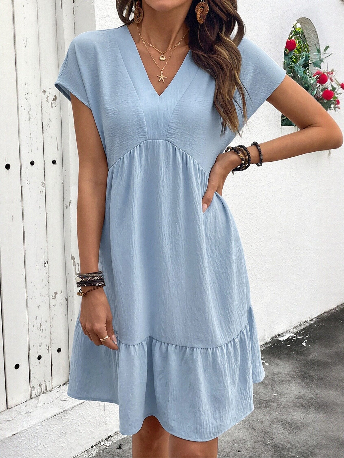 Ruffle Sleeve V Neck Mini Dress