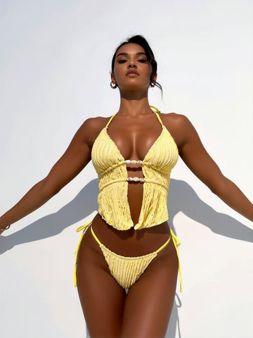Textured Halter Tie Side Bikini Set