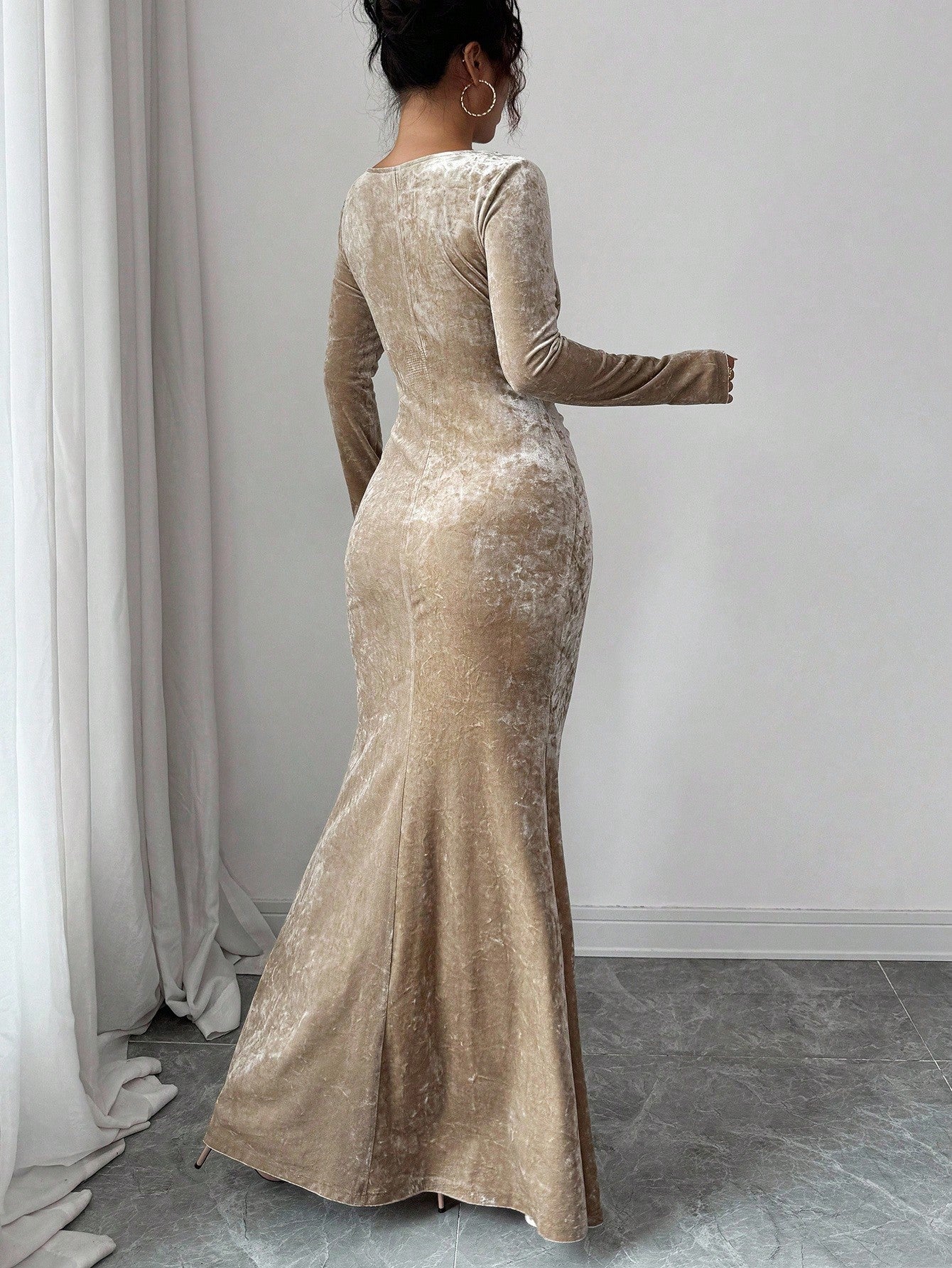 Ruched Velvet Long Sleeve Maxi Dress
