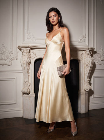 Elegant Satin V Neck Midi Dress
