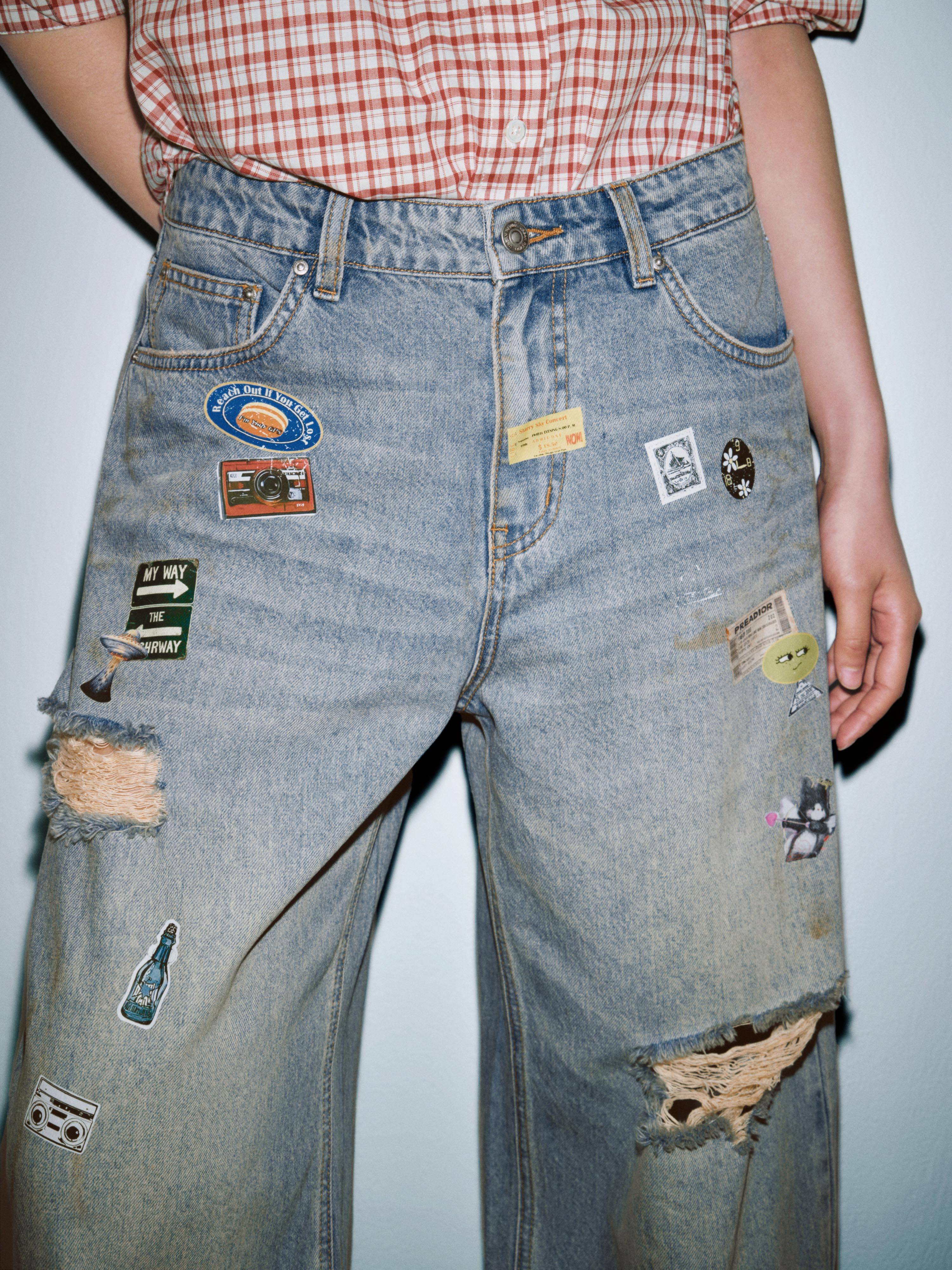 Patchwork Raw Detail Barrel Leg Jeans