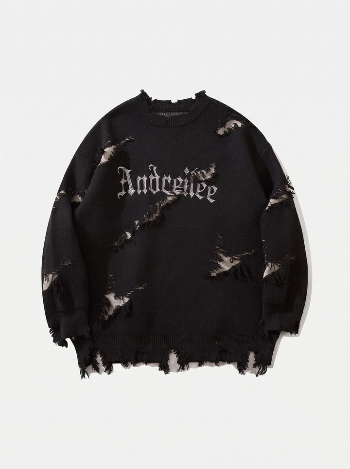 Distressed Oversized Graphic Knit Sweater