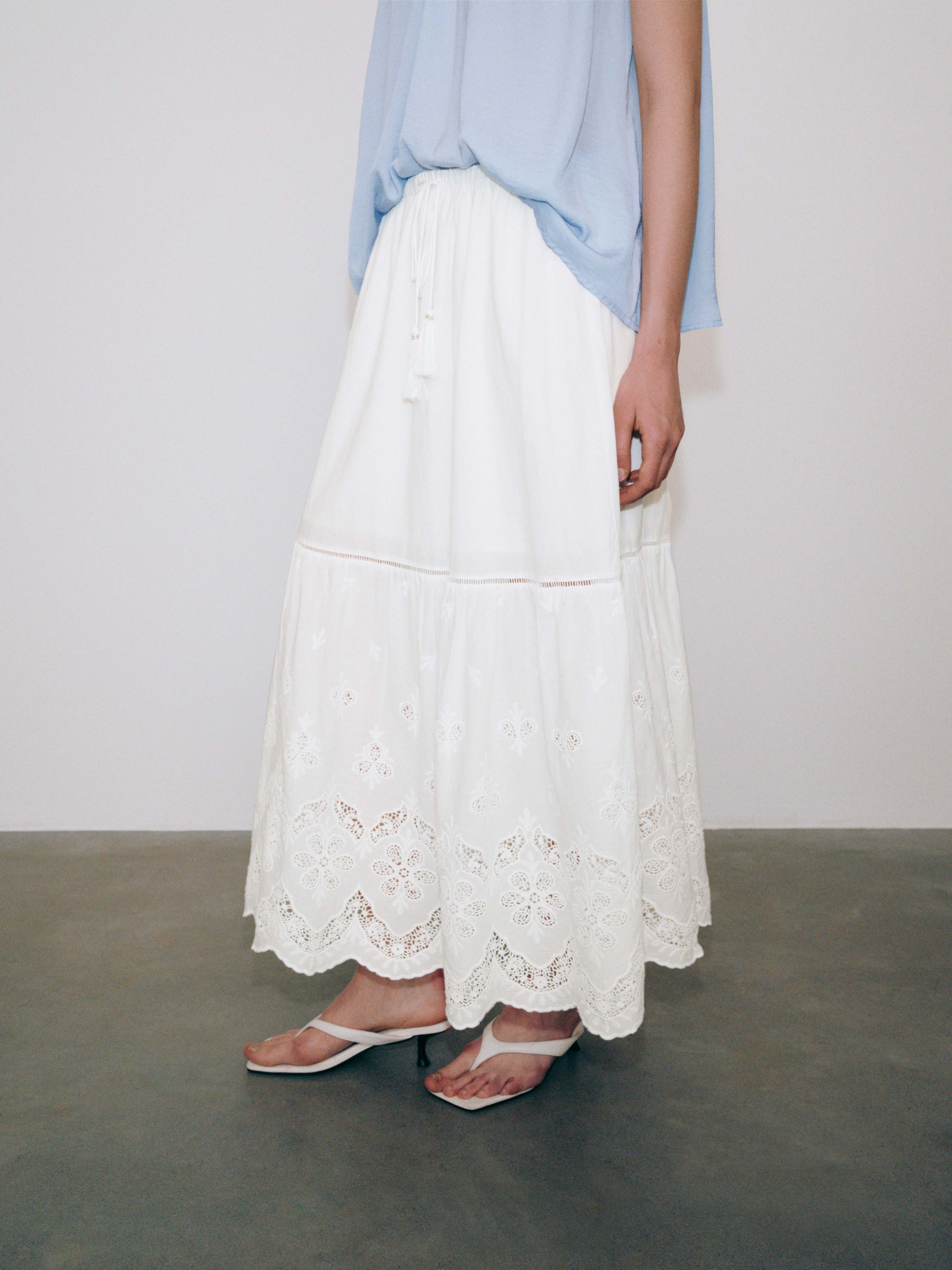 Guipure Lace Tiered Drawstring Pull On A-Line Midi Skirts