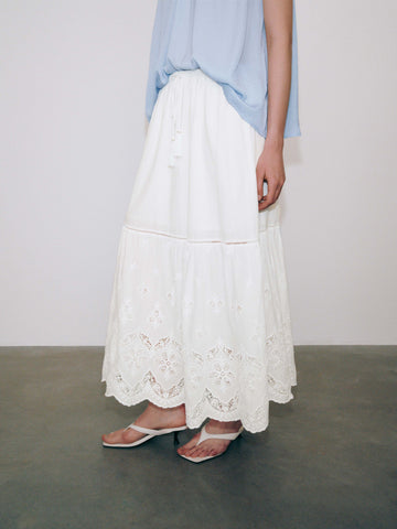 Guipure Lace Tiered Drawstring Pull On A-Line Midi Skirts