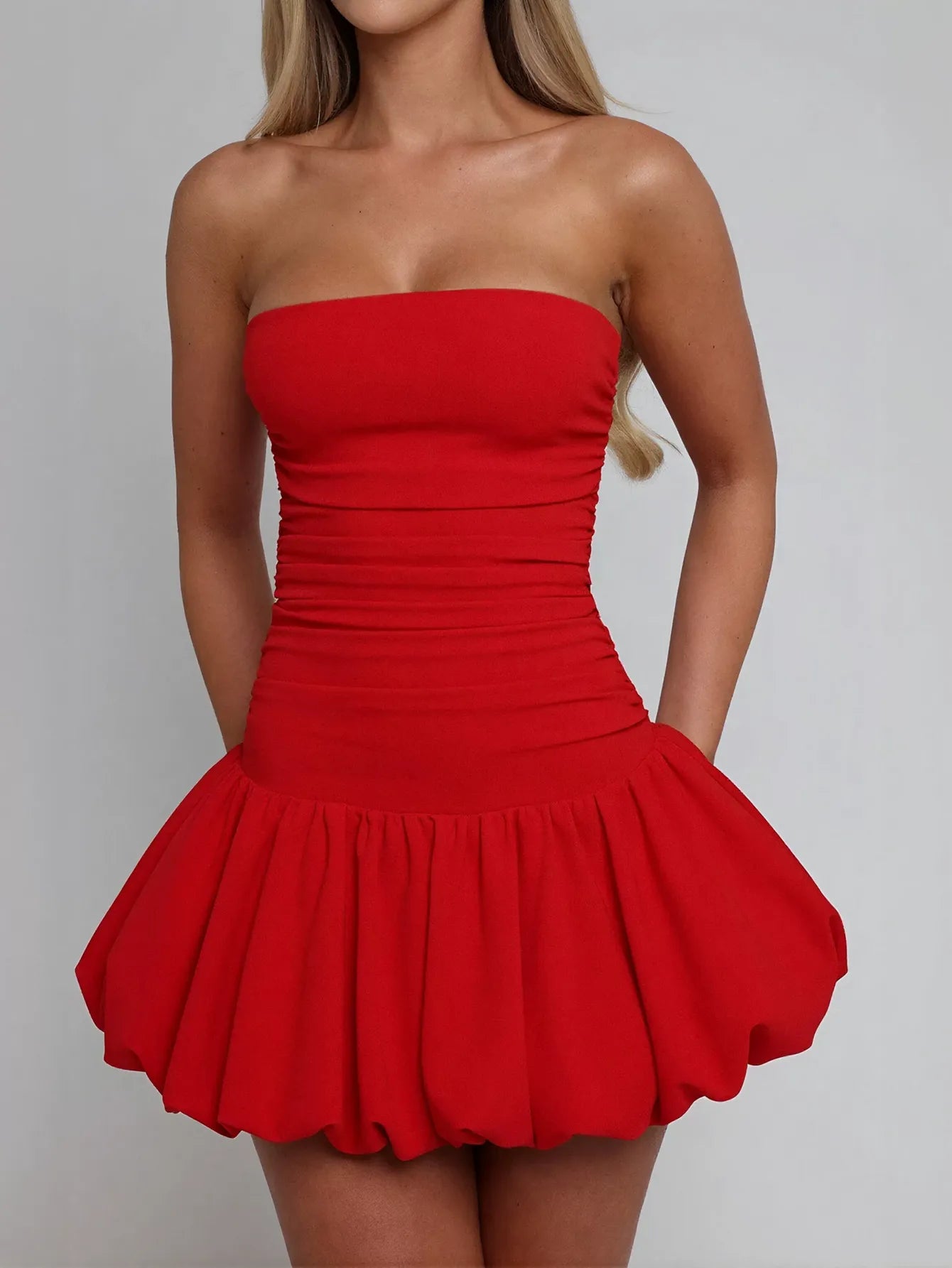 Strapless Ruched Bubble Hem Dress