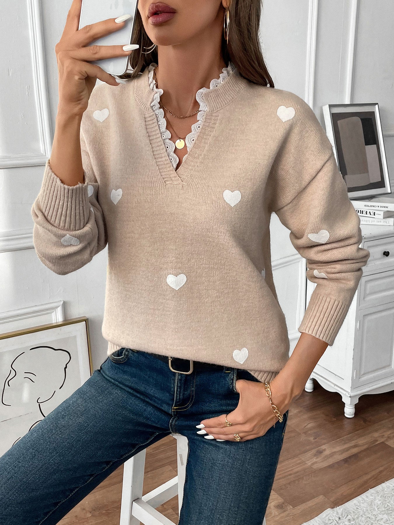 Heart Print Lace Trim Pullover Sweater