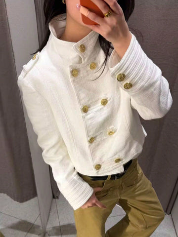 Double Breasted Cropped Military Trench Coat