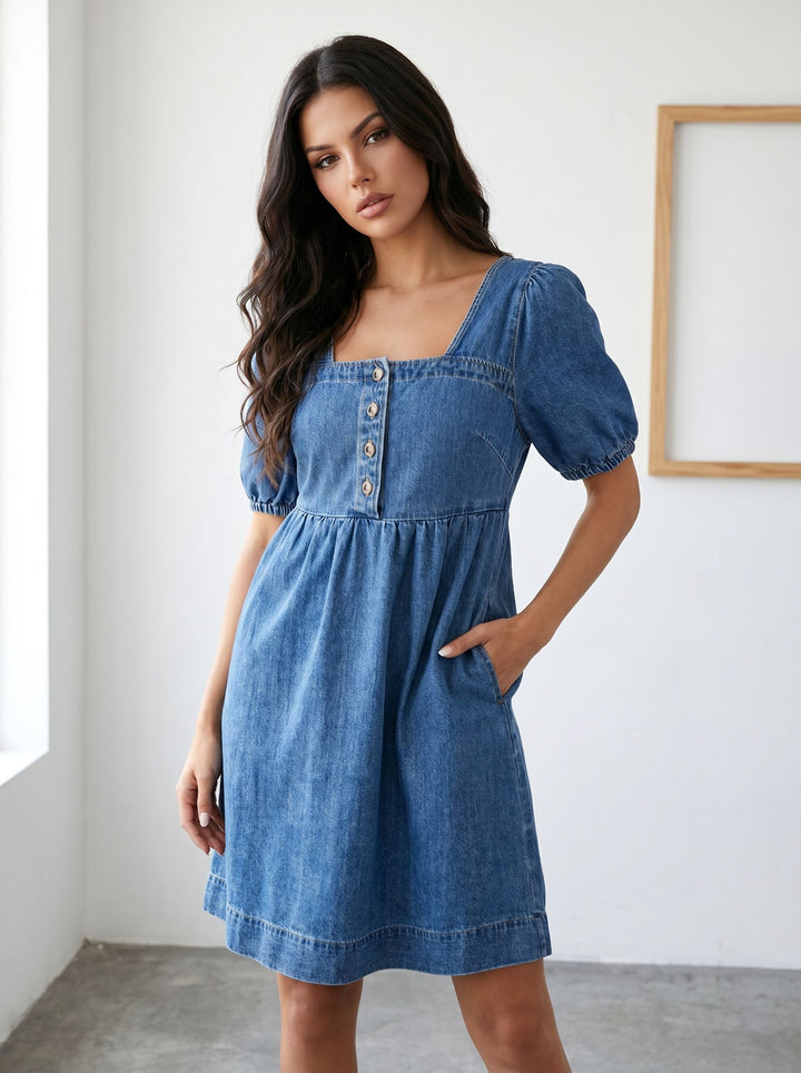 Square Neck Button Denim Dress