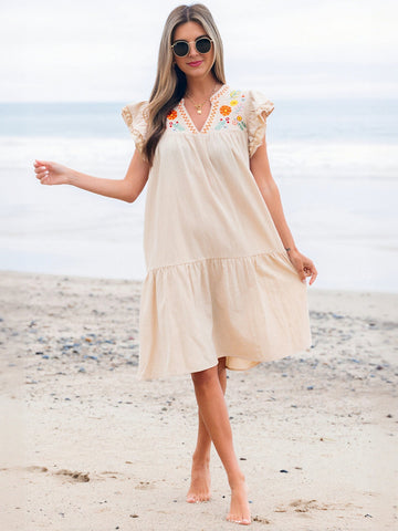 Embroidered Floral Loose Fit Midi Dress