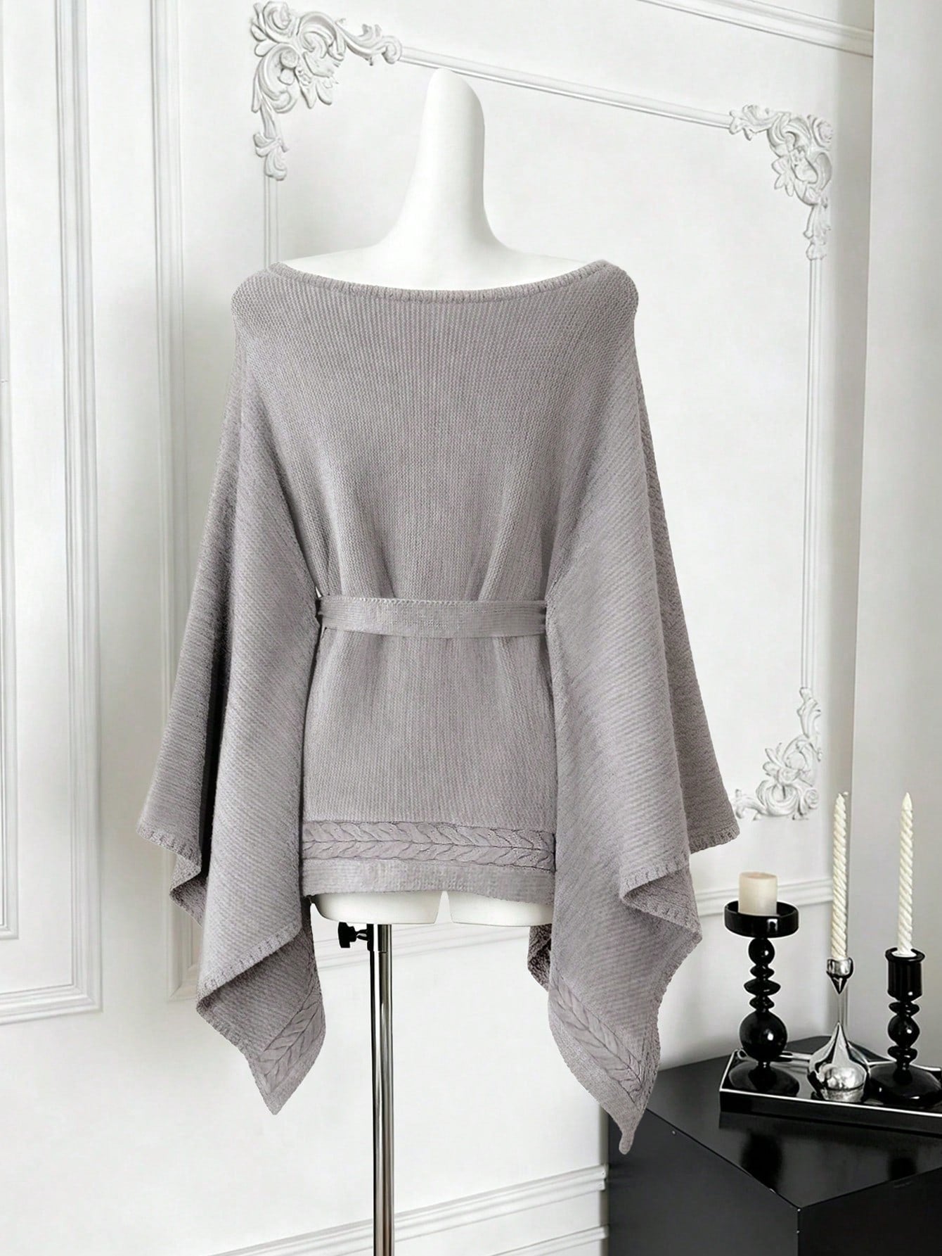 Oversized Belted Knit Poncho Sweater