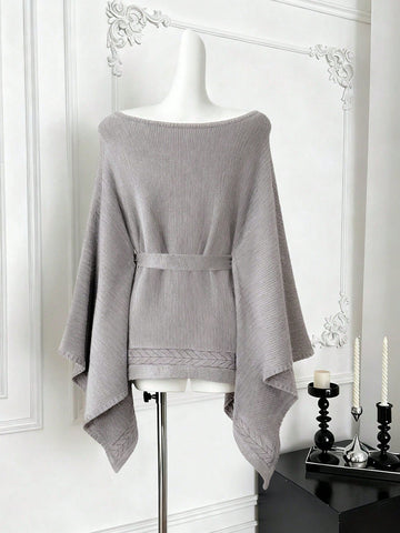 Oversized Belted Knit Poncho Sweater