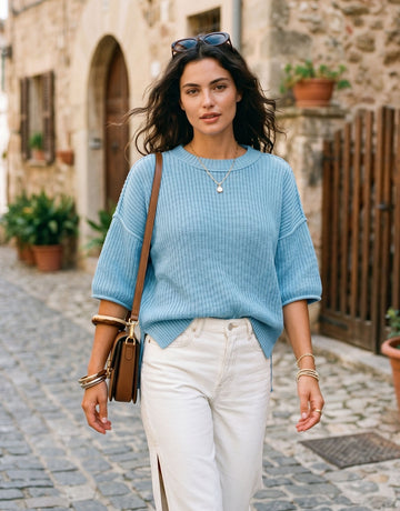 Oversized Ribbed Knit Short Sleeve Sweater