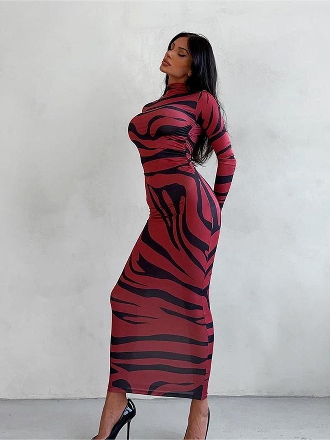 Bodycon Zebra Print Mock Neck Dress
