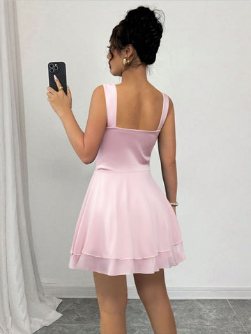 Square Neck Tiered-Skirt Sweet Mini Dress