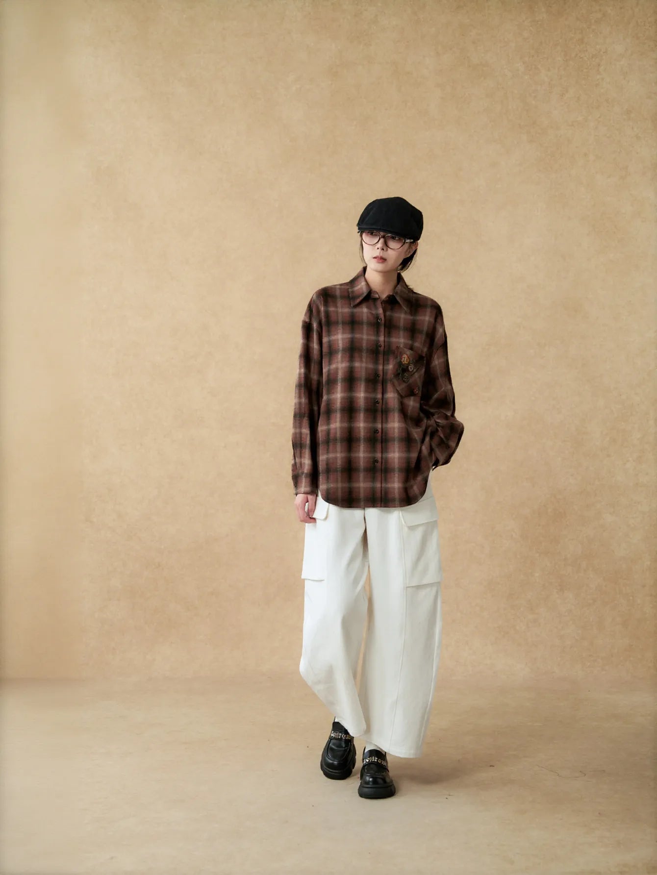 Oversized Plaid Embroidered Button Up Shirt