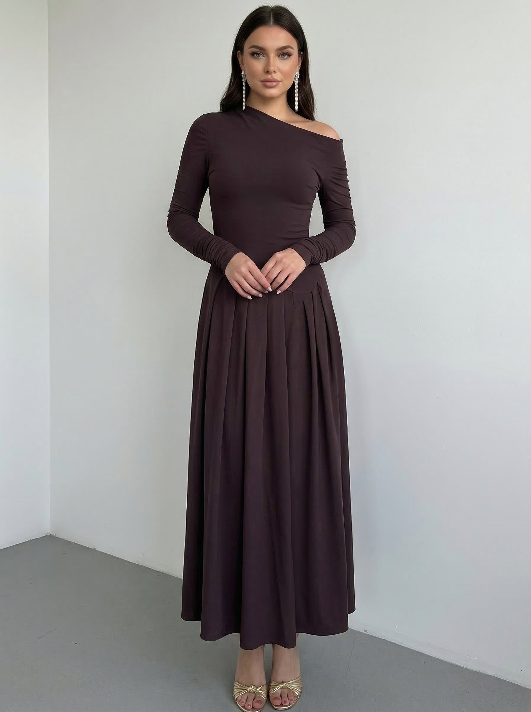 Off-the-Shoulder Long-Sleeve Pleated Formal Maxi Dress