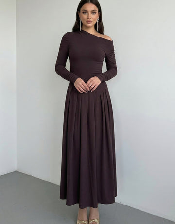 Off-the-Shoulder Long-Sleeve Pleated Formal Maxi Dress